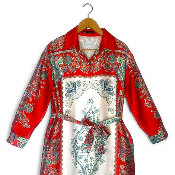Zara Printed Shirt Dress Size S Red Multi Paisley Floral Satin Button Midi Dress - Picture 3 of 14
